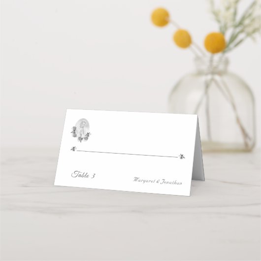 Zilveren Maagd Maria Trouwgevouwen Place Card (Voorkant)