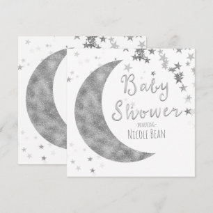 Zilveren Maan & Sterren Baby Shower Witte Uitnodig Kaart