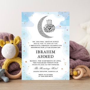 Zilveren Maan Waterverf Blauw Islamitisch Aqiqa Aq Kaart