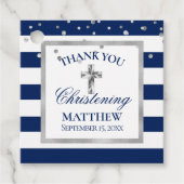 Zilveren Marine Blauwe Strepen Doopceremonie Jonge Bedankjes Labels (Voorkant)