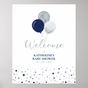 Zilveren & marineblauwe ballonnen Baby shower We Poster