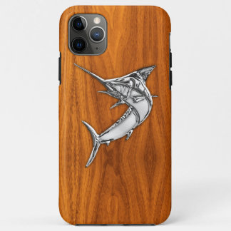 Zilveren Marlin op Teak Wood Grain decor iPhone 11 Pro Max Hoesje