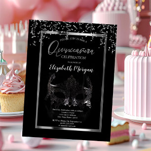 Zilveren Masker, Lijst, Confetti Quinceañera Kaart