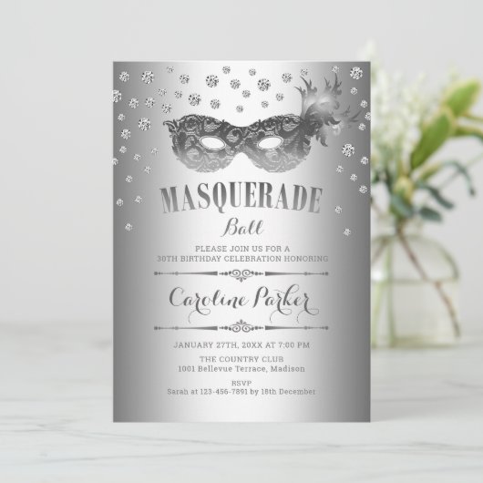 Zilveren Masquerade Ball Verjaardagsfeest Kaart (Staand voorkant)