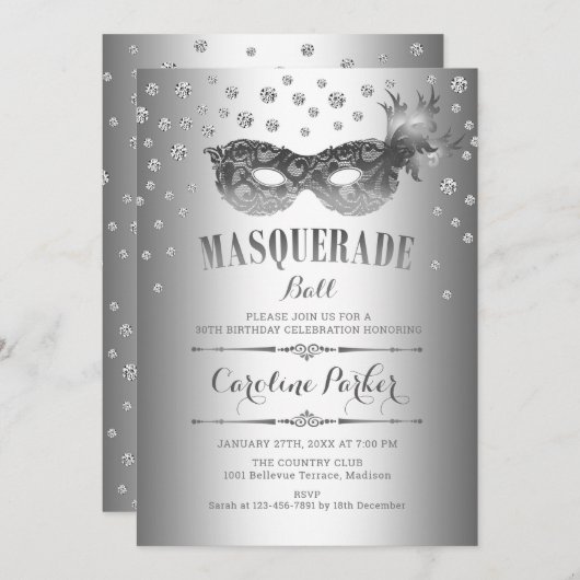 Zilveren Masquerade Ball Verjaardagsfeest Kaart (Voorkant / Achterkant)
