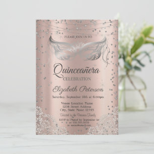 Zilveren Masquerade, Kant Roze Gouden Quinceañera Kaart
