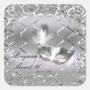 Zilveren Masquerade Masker Elegant Bal Verjaardags Vierkante Sticker