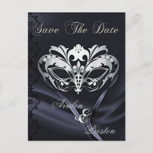 Zilveren Masquerade Zwart Juweel Save The Date Aankondigingskaart (Voorkant)