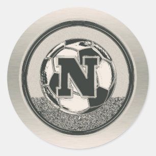 Zilveren Medaille Voetbal Monogram Letter N Ronde Sticker