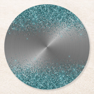Zilveren Metaal Look Glitter Turquoise Cirkelvormi Ronde Kartonnen Onderzetter