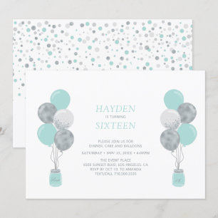 Zilveren & Mint Ballon Sweet Sixteen Verjaardagsfe Kaart