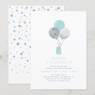 Zilveren & Mint Ballonnen Modern 18e Verjaardagsfe Kaart