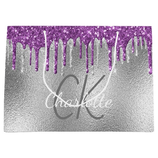 Zilveren monogram naam modern elegant paars groot cadeauzakje (Voorkant)