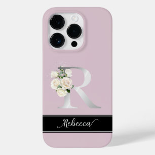 Zilveren monogram R aangepaste naam witte rozen ro Case-Mate iPhone 14 Pro Hoesje