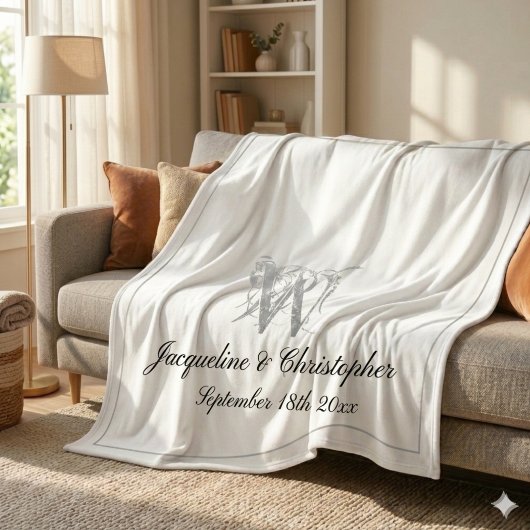 Zilveren Monogram Rand Zwarte Script Witte Pasgetr Fleece Deken