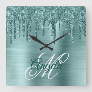 Zilveren Munt Geborstelde Folie Fancy Monogram Vierkante Klok