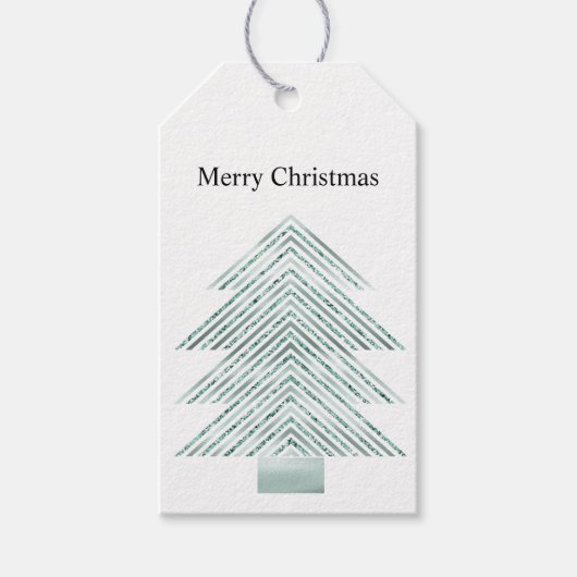 Zilveren Munt Kerstboom Glitter Stripes Cadeaulabel (Voorkant)