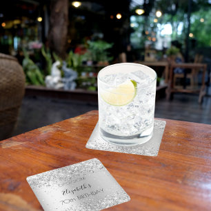 Zilveren naam elegante verjaardag vierkante kartonnen onderzetter