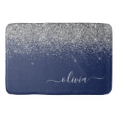 Zilveren Navy Blauwe Glitter Meisjesnaam Monogram Badmat (Voorkant)