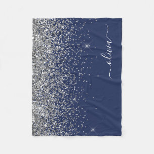 Zilveren Navy Blauwe Glitter Meisjesnaam Monogram Fleece Deken