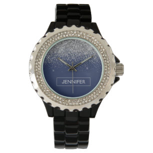 Zilveren Navy Blauwe Glitter Meisjesnaam Monogram Horloge