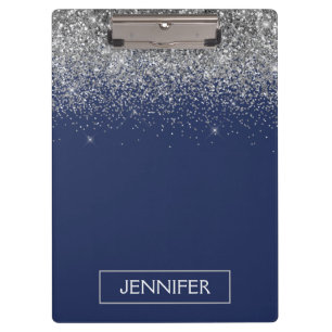 Zilveren Navy Blauwe Glitter Meisjesnaam Monogram Klembord