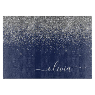Zilveren Navy Blauwe Glitter Meisjesnaam Monogram Snijplank