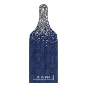 Zilveren Navy Blauwe Glitter Meisjesnaam Monogram Snijplank