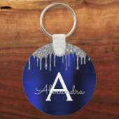Zilveren Navy Blauwe Glitter RVS Monogram Sleutelhanger (Voorkant)