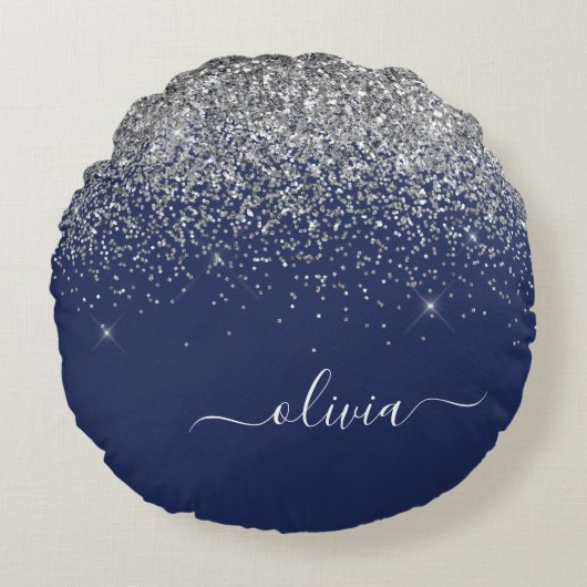 Zilveren Navy Blauwe Meisjesachtige Glitter Glans Rond Kussen (Voorkant)