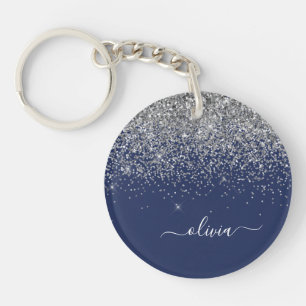 Zilveren Navy Blauwe Meisjesachtige Glitter Glans Sleutelhanger