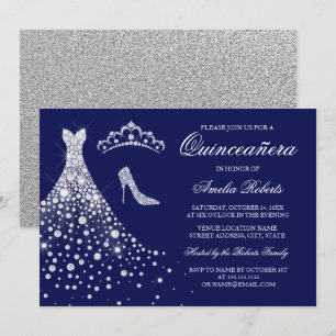 Zilveren Navy Diamond Jurk Tiara Quinceanera Kaart