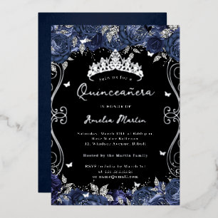 Zilveren Navy Swirl Scroll Floral Quinceanera Folie Uitnodiging