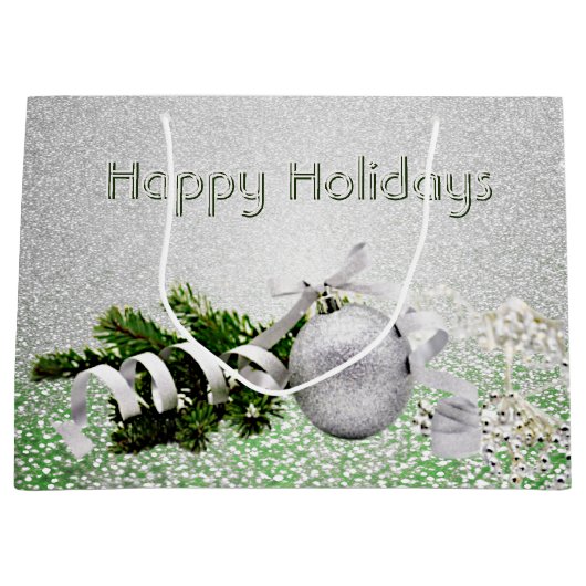 Zilveren Ornament Wit Lint Kerstcadeauzak Groot Cadeauzakje (Voorkant)