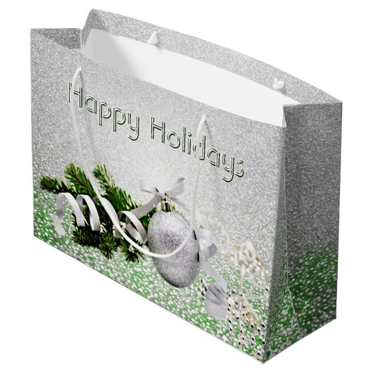 Zilveren Ornament Wit Lint Kerstcadeauzak Groot Cadeauzakje (Achterkant Gekanteld)