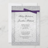 Zilveren Overlay Paarse Ribbon Bow Post Wedding Kaart (Voorkant)