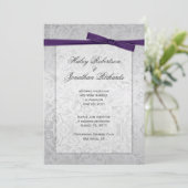 Zilveren Overlay Paarse Ribbon Bow Post Wedding Kaart (Staand voorkant)
