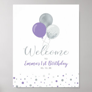 Zilveren & Paarse Ballonnen Meisje 1e Verjaardag W Poster