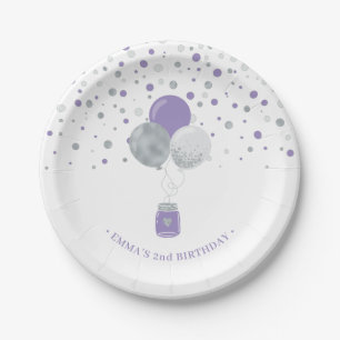 Zilveren & Paarse Confetti Ballonnen Meisje Verjaa Papieren Bordje