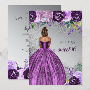 Zilveren Paarse Glitter Jurk Sweet 16 verjaardag Kaart