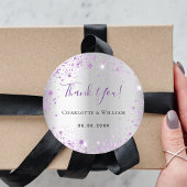 Zilveren paarse glitter naam datum bruiloft ronde sticker