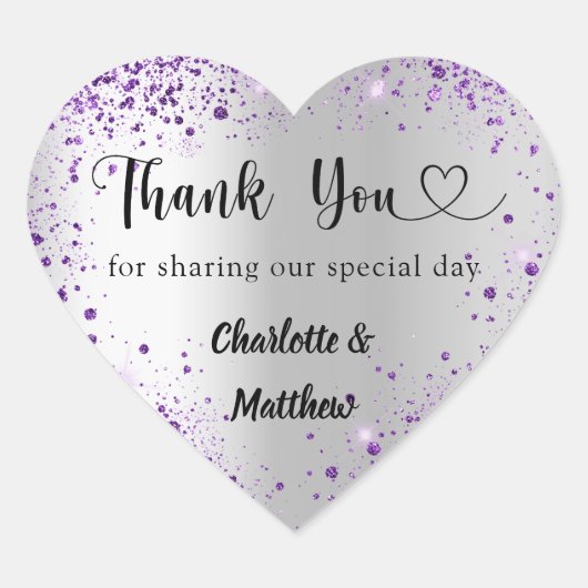 Zilveren paarse hart dank je wel bruiloft hart sticker (Voorkant)