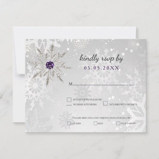 zilveren paarse sneeuwvlokken winterbruiloft rsvp kaartje (Voorkant)