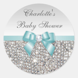 Zilveren pailletten Blauwgroen Bow Diamond Baby sh Ronde Sticker