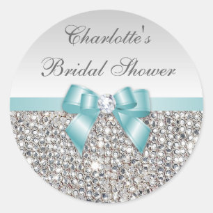 Zilveren pailletten Blauwgroen Bow Diamond Vrijgez Ronde Sticker