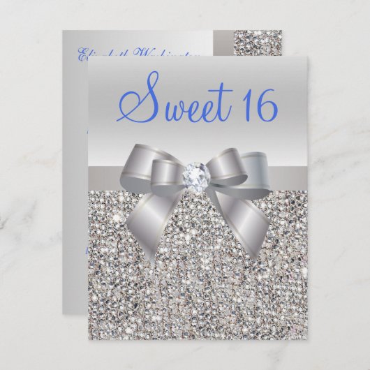 Zilveren pailletten & Bow Royal Blue Tekst Sweet 1 Kaart (Voorkant / Achterkant)