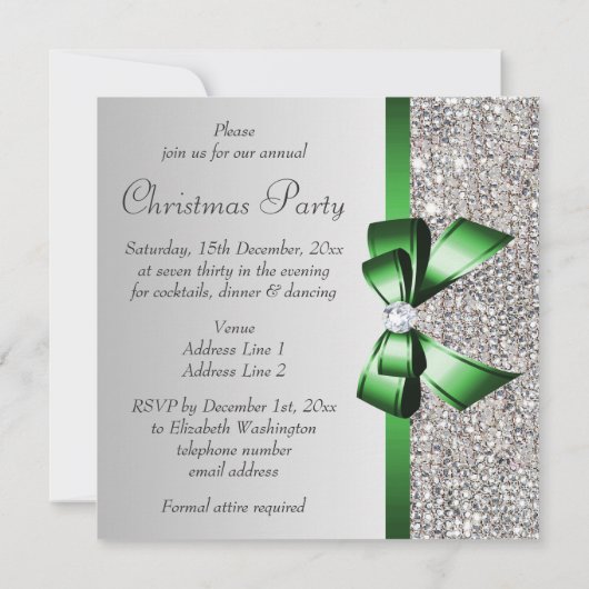Zilveren pailletten Kerst Party Groene Diamant Bow Kaart (Achterkant)