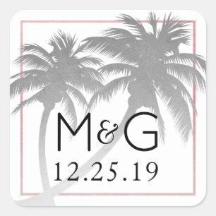 Zilveren palmboom Tropische bruiloft Monogram Vierkante Sticker