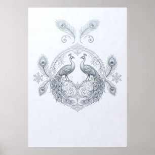 Zilveren Pauw Paar Sierlijke Mandala Poster