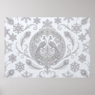 Zilveren Pauw Sneeuwvlok Ornament Poster